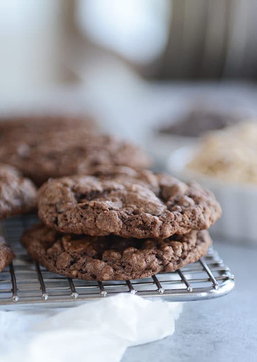 Chocolate cookies stacked on each other.