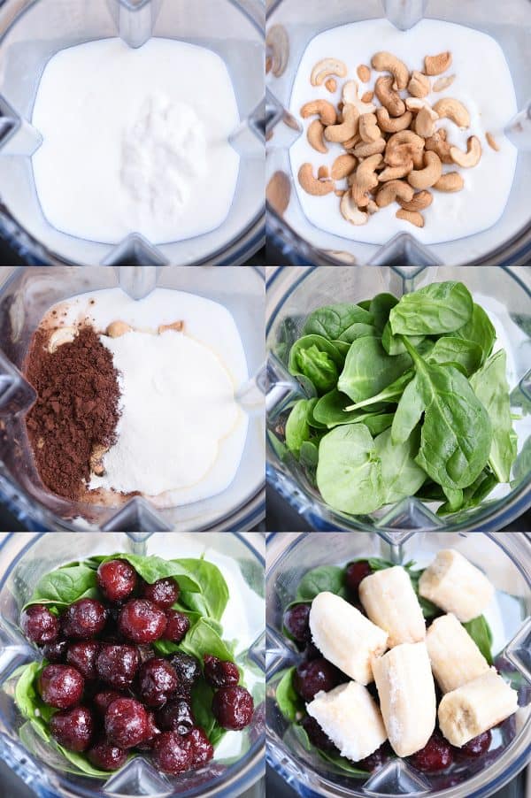 Step by step look at ingredients going into blender for chocolate protein smoothie.