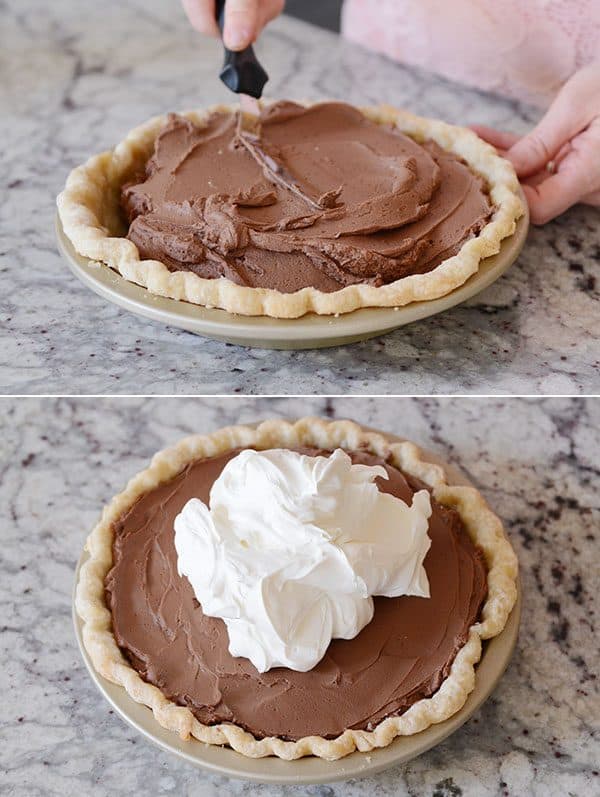 Two pictures: one showing chocolate getting put into a pie and the other showing whipped cream on top.