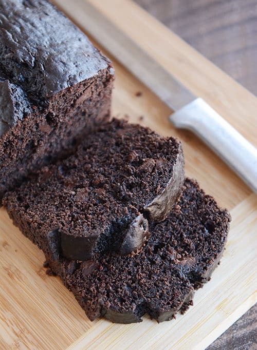 Two thick slices of double chocolate bread cut off of the loaf of bread.