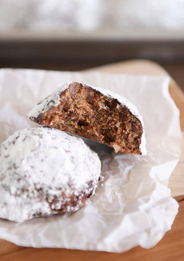 Chocolate truffle cookie broken in half.