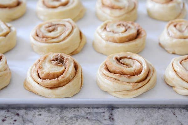 Uncooked cinnamon rolls on a sheet pan. 