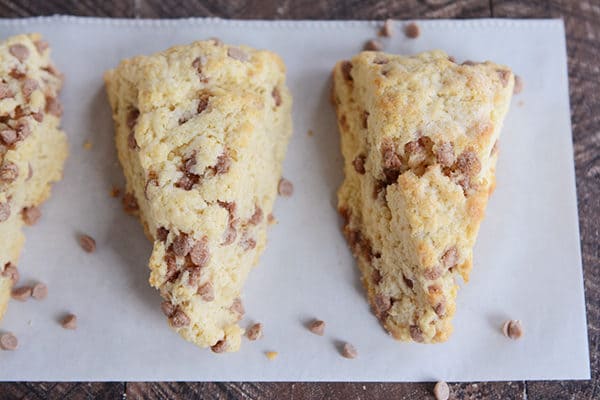 Top view of chocolate chip scones lined up next to each other on parchment paper.