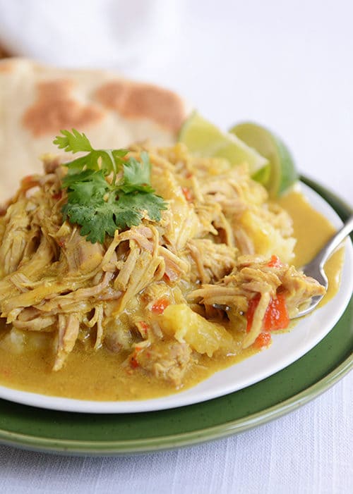 A white plate with saucy shredded pork curry and a flatbread. 