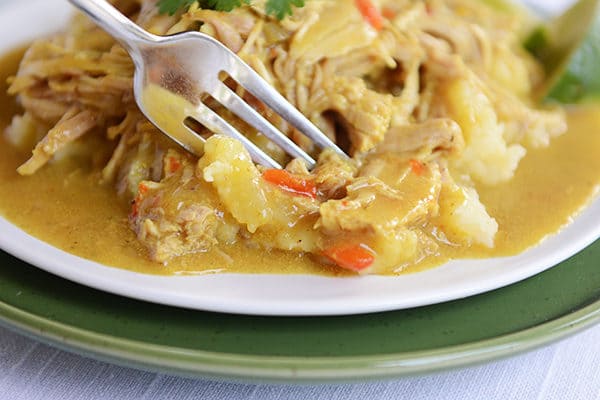 A fork taking a bite out of a sauce shredded pork curry on a white plate.