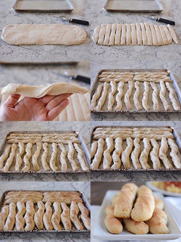 Eight pictures showing the start-to-finish steps of making breadsticks.