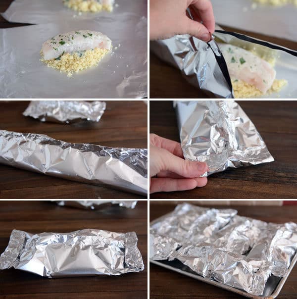 Collage of pictures showing how to assemble a fish and couscous tinfoil packet.