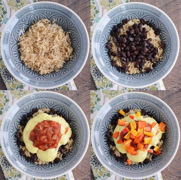 Four bowls showing toppings going into rice filled bowls. 