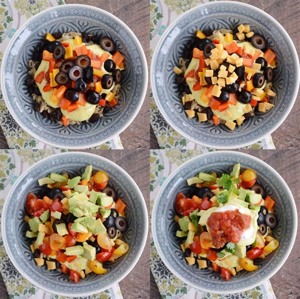 Four bowls showing toppings going step-by-step into the bowls. 