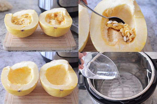 A collage of pictures showing how to prepare a spaghetti squash to cook.