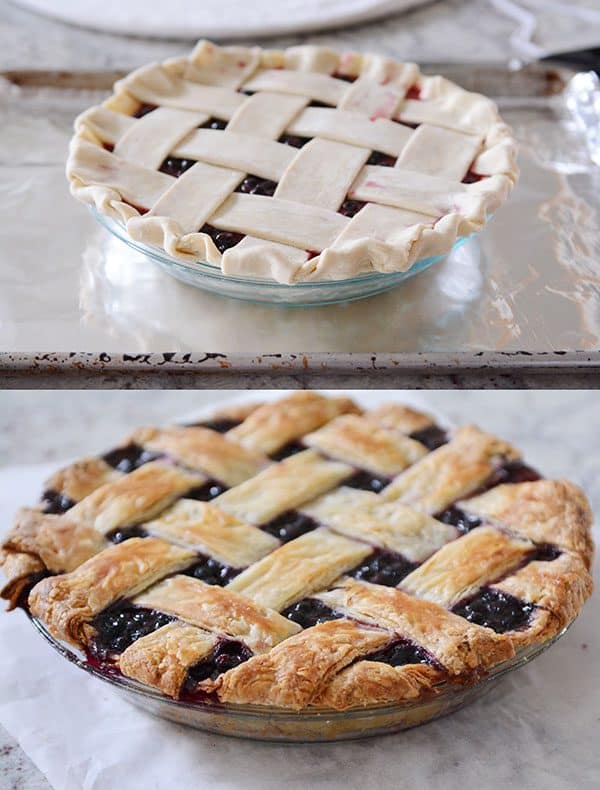 two pictures showing an uncooked lattice pie and then the cooked pie below it