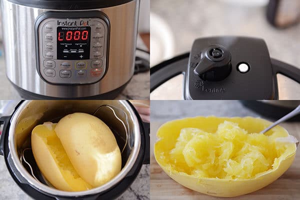 Four pictures showing the steps of how to cook a spaghetti squash in an InstantPot.