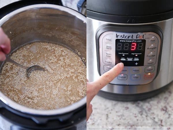 Stirring quinoa in the Instant Pot and setting timer.