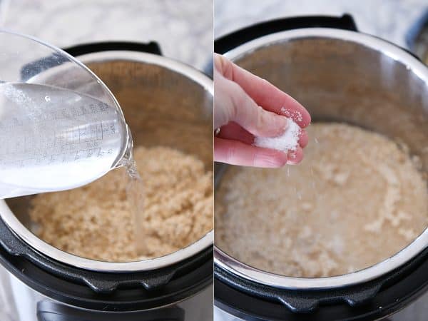 Pouring water and salt into Instant Pot with the quinoa.