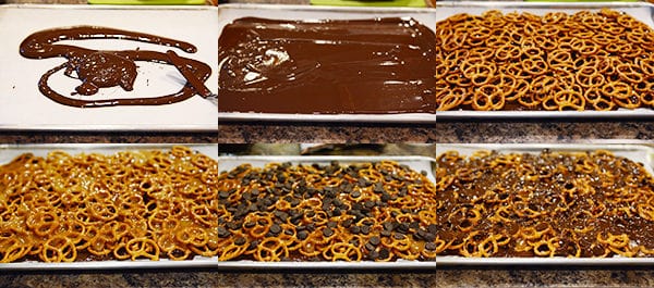 Collage of pictures showing how to make chocolate pretzel bark.