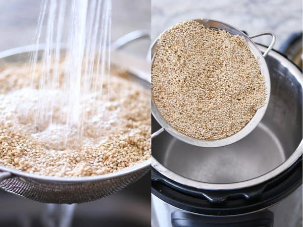 Rinsing quinoa and pouring it in the Instant Pot.