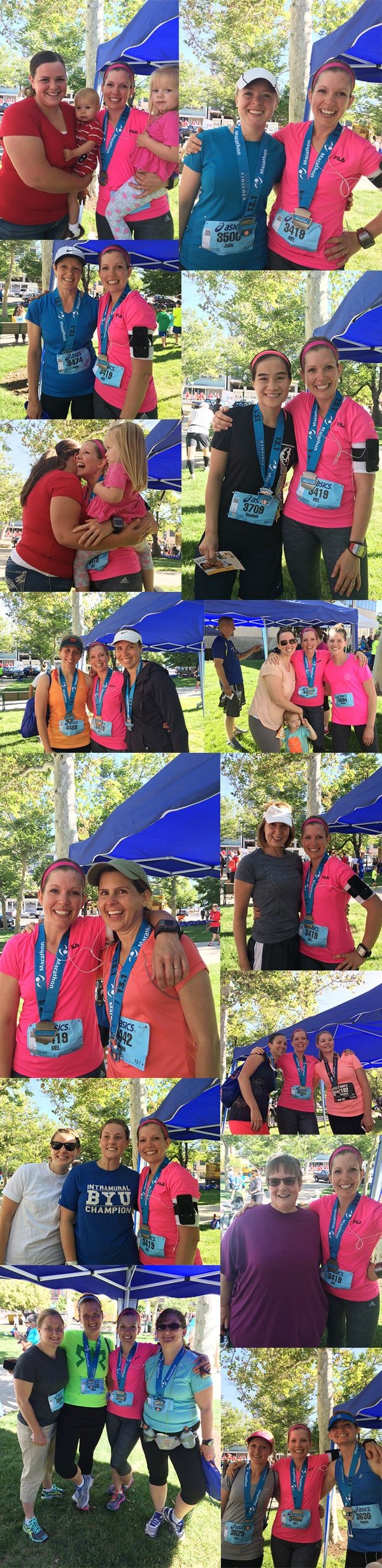 Collage of pictures of people with medals around their necks that just finished a race.