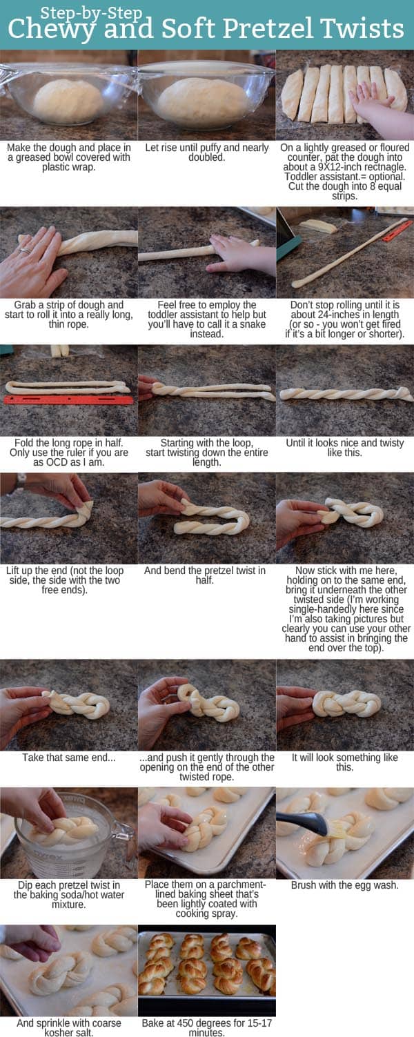 collage of pictures and instructions of how to make soft pretzel twists