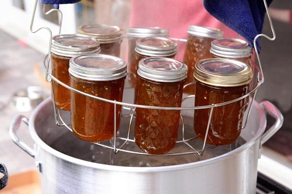 A steam canner insert filled with jars of canned jalapeno jelly. 