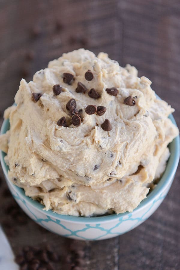 A heaping bowl of chocolate chip cookie dough frosting. 