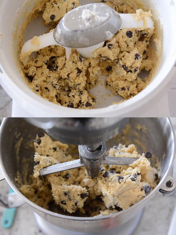 Chocolate chip cookie dough mixing inside a Bosch bowl and a KitchenAid bowl.