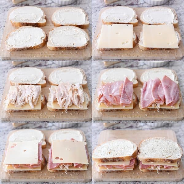 Photo collage of assembling chicken cordon bleu panini with breead, sauce, cheese, chicken, and ham.