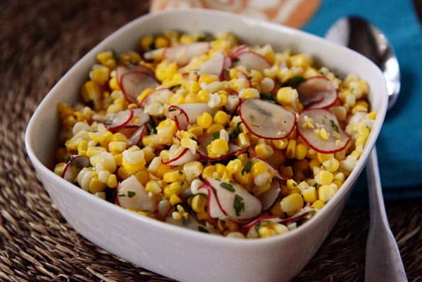 sweet corn salad with radishes, jalapeno and lime