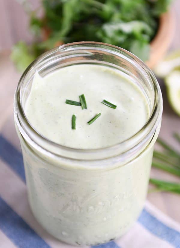 Jar of cilantro lime dressing.