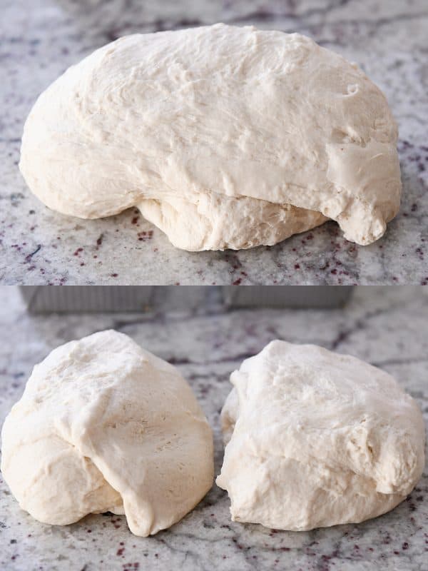 A large batch of bread dough cut into two pieces.