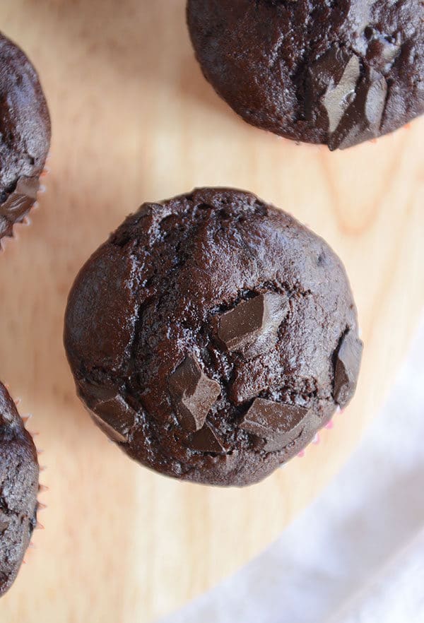 Top view of a chocolate chunk muffin.