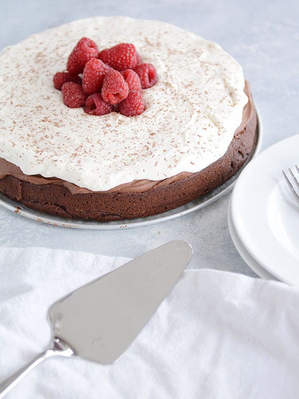 A chocolate torte topped with whipped cream, sprinkled cinnamon, and fresh raspberries.