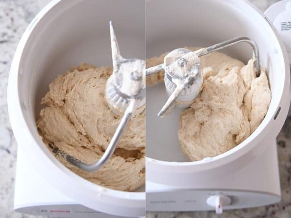 Cinnamon roll dough mixing in Bosch mixer.