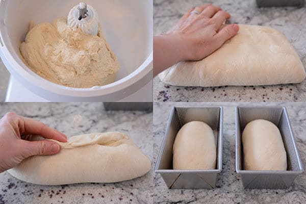 Four pictures of the process of homemade white bread being made. 