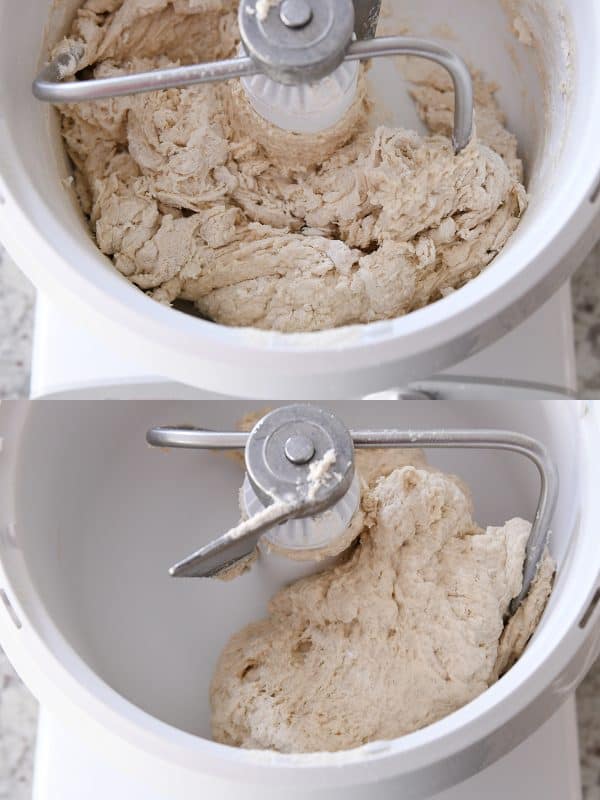 Top view of bread dough mixing in a Bosch.