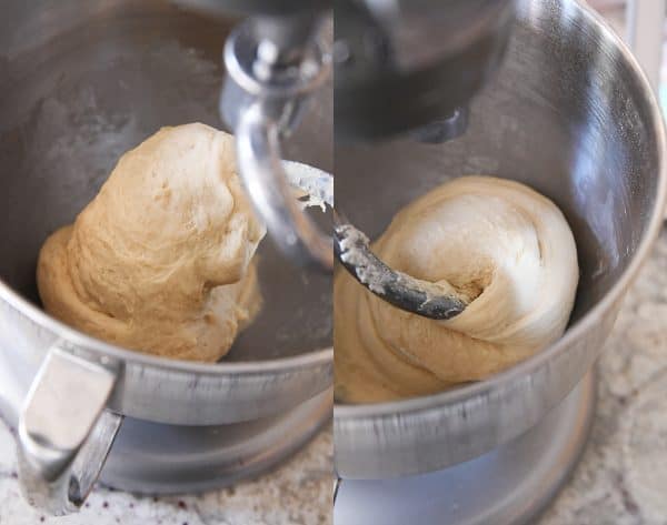 Small batch cinnamon roll recipe dough mixed in Kitchenaid.