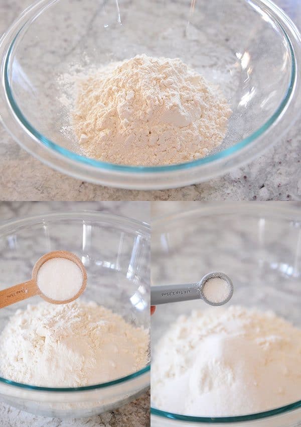 A glass bowl with flour, and then two pictures of measuring spoons getting poured into the bowl.
