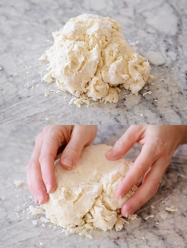 A picture of a ball of pie crust dough on top of a picture of hands molding the dough.