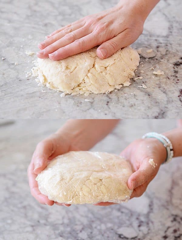 A hand patting down pie crust dough and then wrapping the dough in saran wrap in a picture below it.
