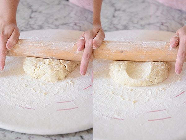 Side by side pictures of pie crust dough getting rolled out on a pastry cloth.