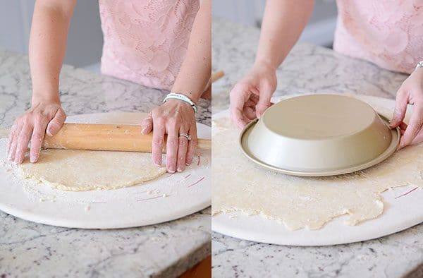 Side by side pictures of a pie crust getting rolled out and a pie dish getting laid on top of the dough.