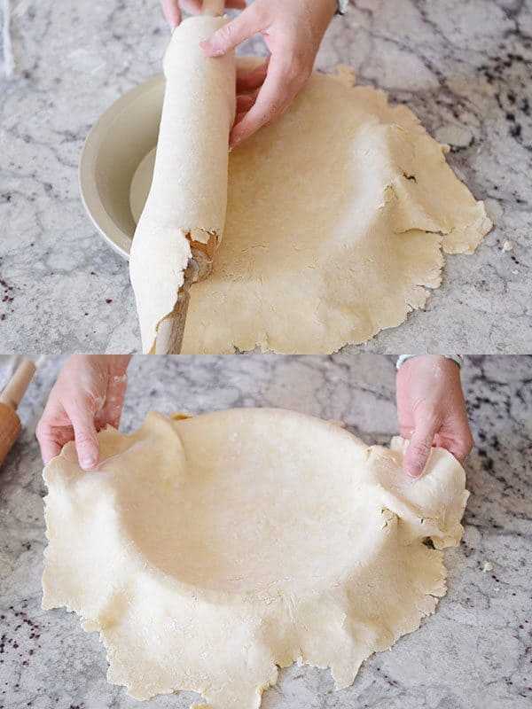 Two pictures of a raw pie crust getting laid into a pie dish. 