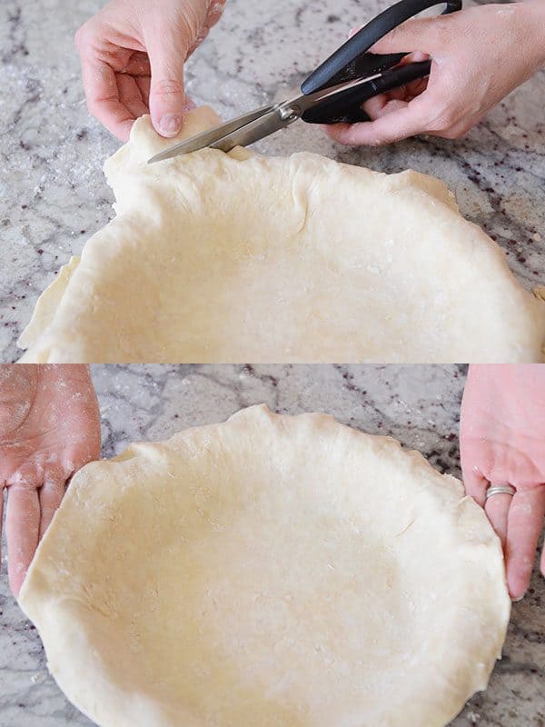 Two pictures of a pie crust getting trimmed on top of the picture of the trimmed crust. 