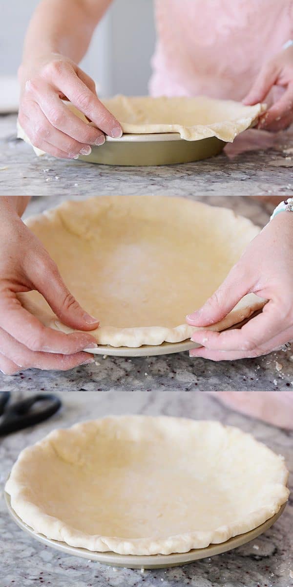 Step by step pictures of a pie crust getting crimped.