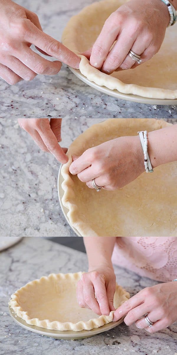 Step by step pictures of a raw pie crust getting it's edges crimped.