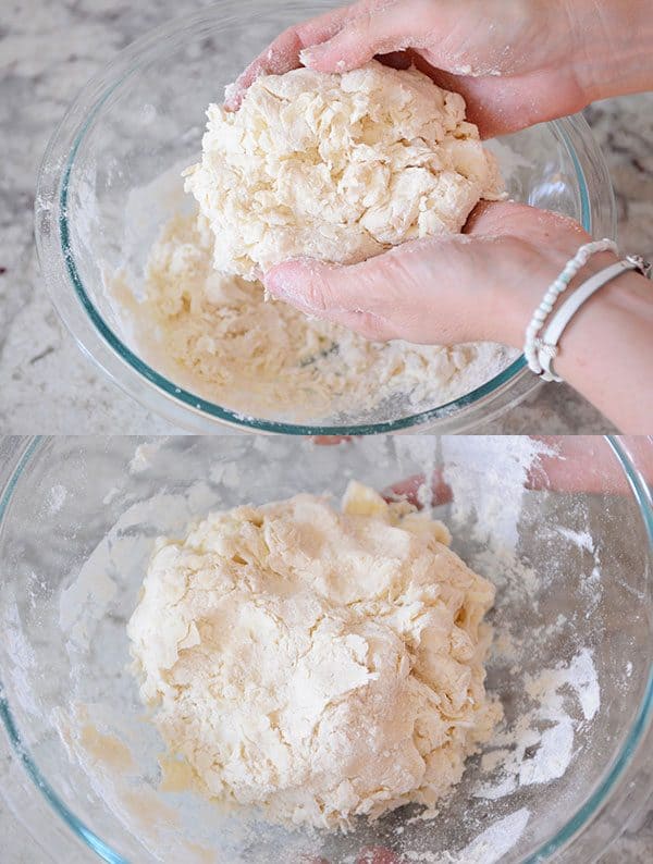 A hand holding a ball of raw pie dough and a picture of the dough in a glass bowl.