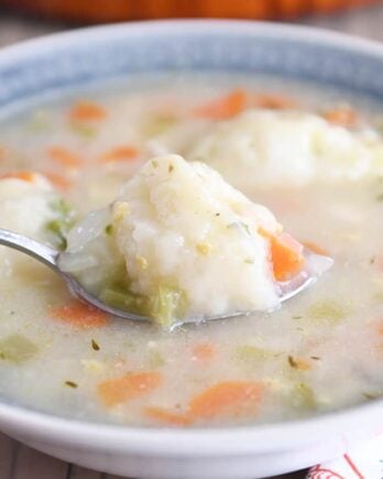 Blue bowl with chicken dumpling soup.