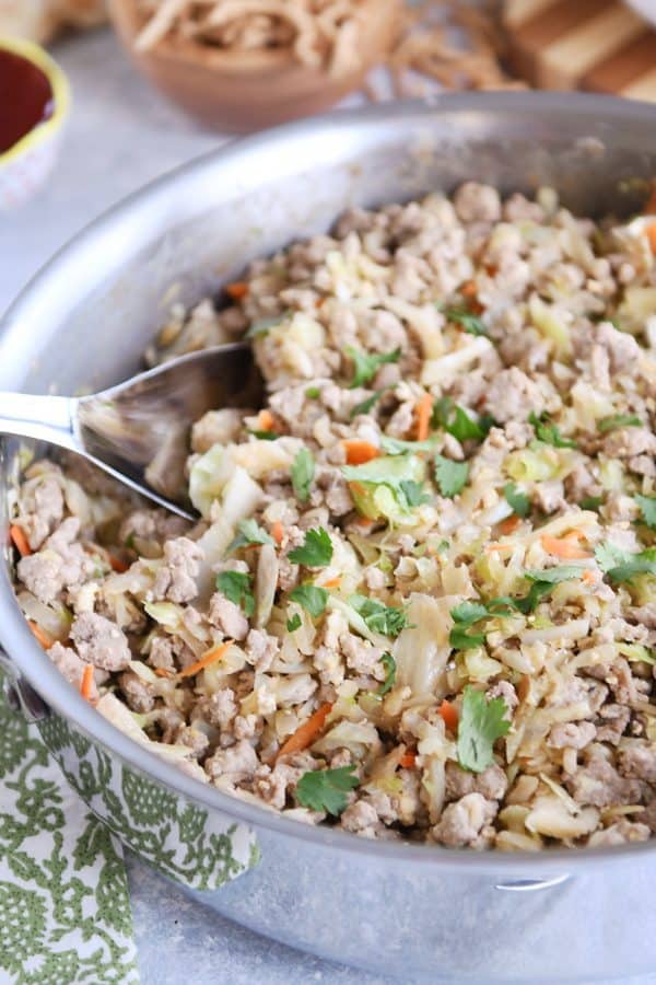 Egg roll skillet meal in stainless steel pan.