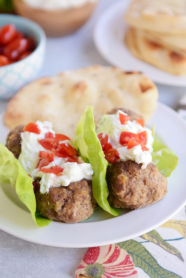 Falafel meatballs! Wrapped up in lettuce (or naan!) and smothered in tzatziki sauce. Yum!