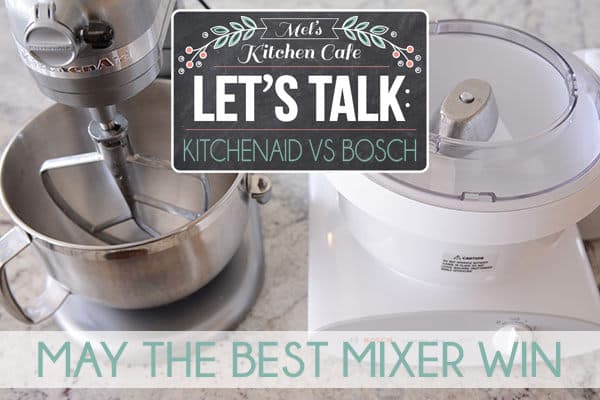 Side-by-side pictures of Kitchen Aid and Bosch with text may the best mixer win on the bottom.