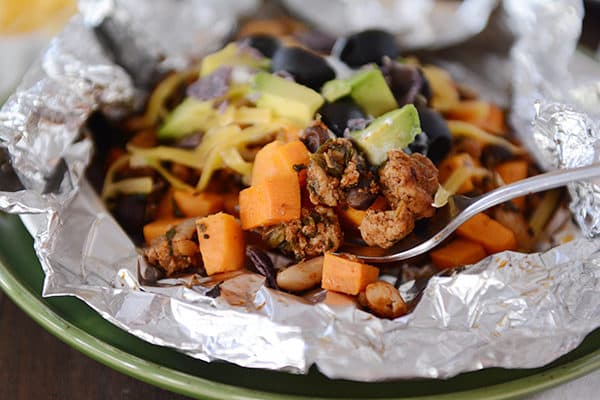 side view of a cooked foil packet sweet potato taco meal